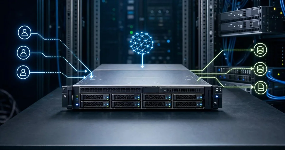 Veri merkezi rafında tek bir dedicated server ve ağ bağlantısını temsil eden sade altyapı görseli