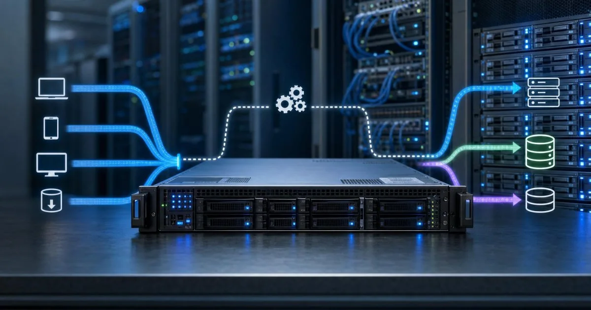 Ağ ve storage bağlantılarıyla gösterilen performanslı fiziksel sunucu altyapısı